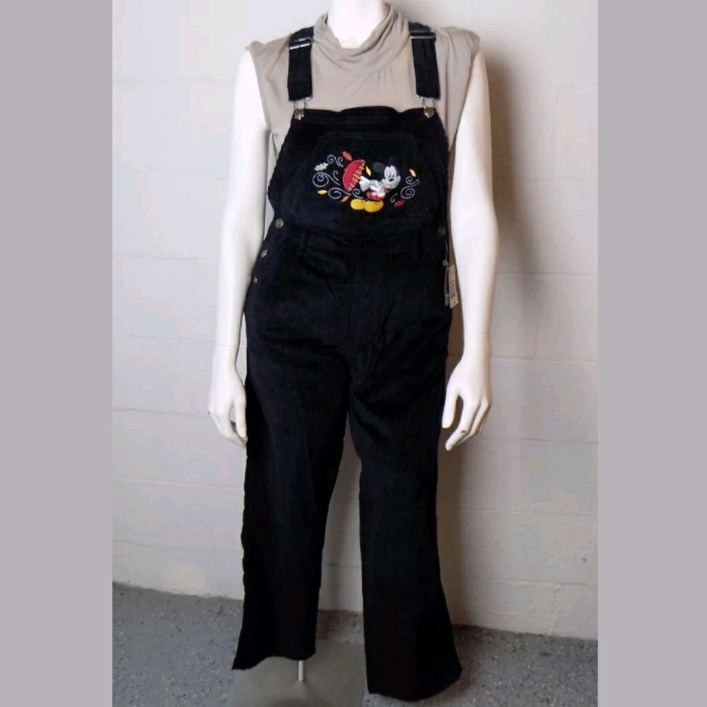 Black Women's Corduroy Overalls with Embroidered Mickey Detail